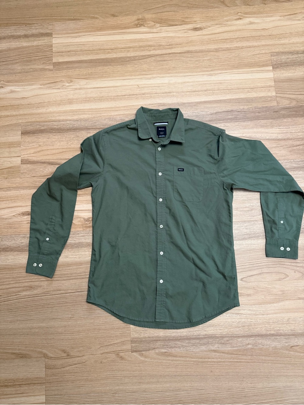 RVCA Shirt Mens Large Hunter Green Button Down Slim Fit Cotton Long Sleeve